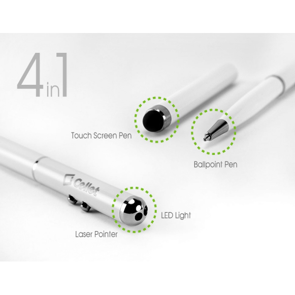 Cellet White Stylus 4 in 1 Laser Pointer/LED Light/Pen for Touchscreen Devices
