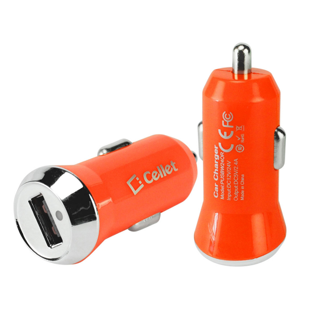 Cellet Bright Orange 2400mAh (2.4 Amps) Rapid Mini USB Car Charger - Charges Tablets!