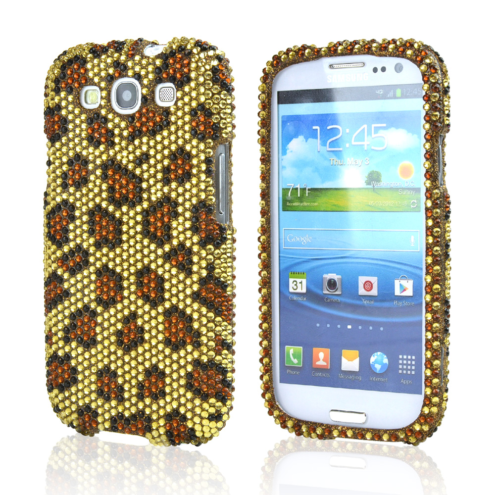Samsung Galaxy S3 Bling Hard Case - Brown Leopard on Gold Gems
