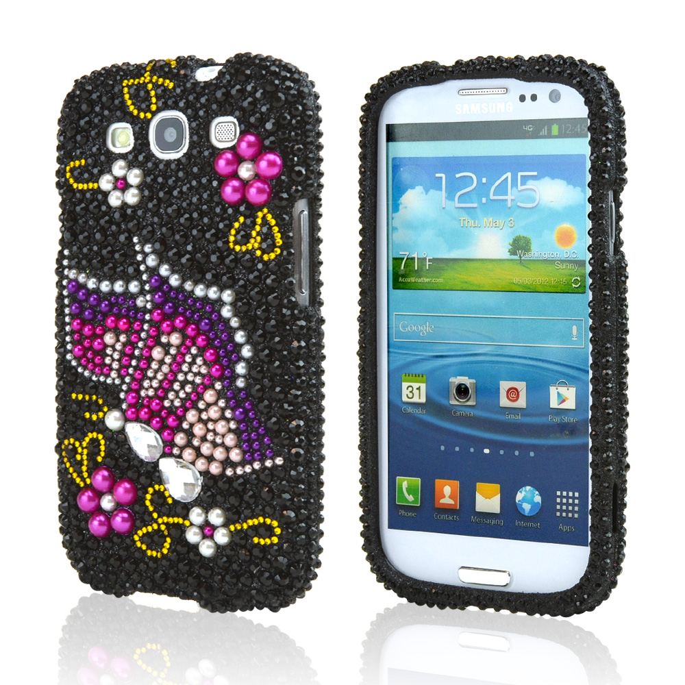 Samsung Galaxy S3 Bling Hard Case - Purple/ Pink Butterfly on Black Gems
