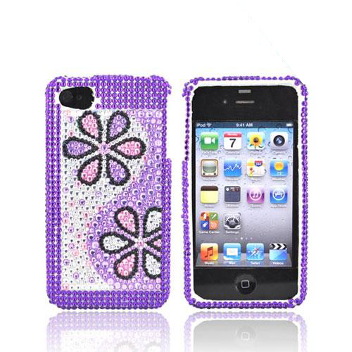 Apple Verizon/ AT&T iPhone 4, iPhone 4S Bling Hard Case - Purple Daisies