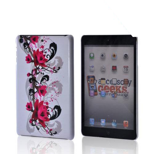 Magenta Flowers & Black Vines on White Hard Case for Apple iPad Mini