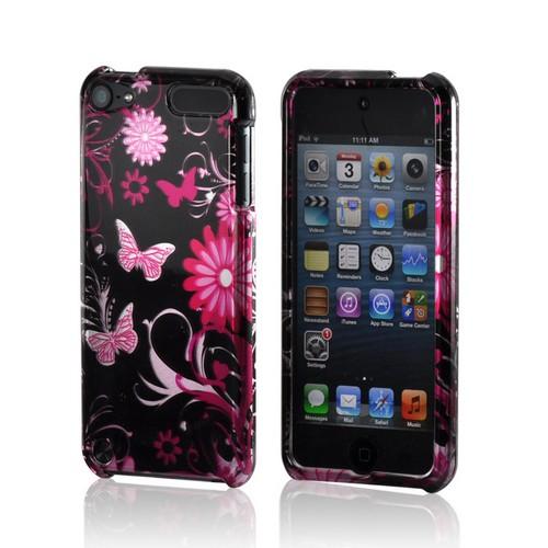 Pink Flowers & Butterflies on Black Hard Case for Apple iPod Touch 5