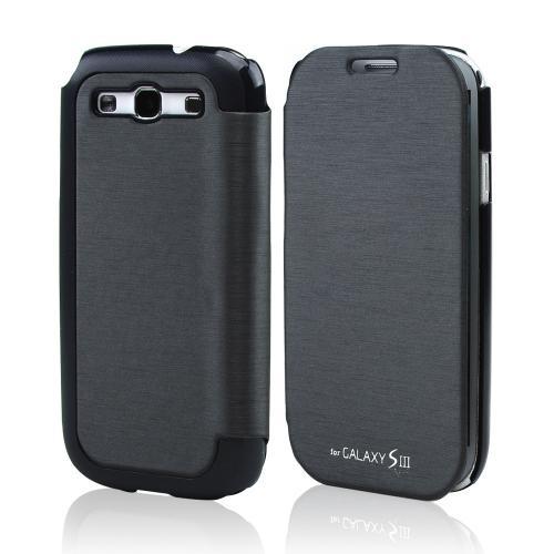 Dark Gray Diary Flip Cover Hard Case w/ ID Slot & Satin Cover for Samsung Galaxy S3