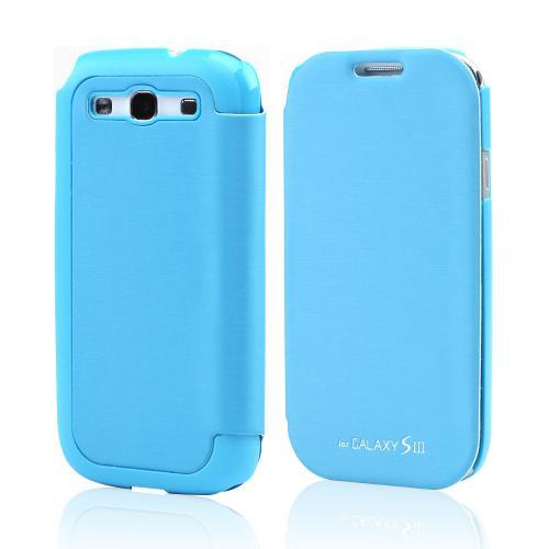 Sky Blue Diary Flip Cover Hard Case w/ ID Slot & Satin Cover for Samsung Galaxy S3