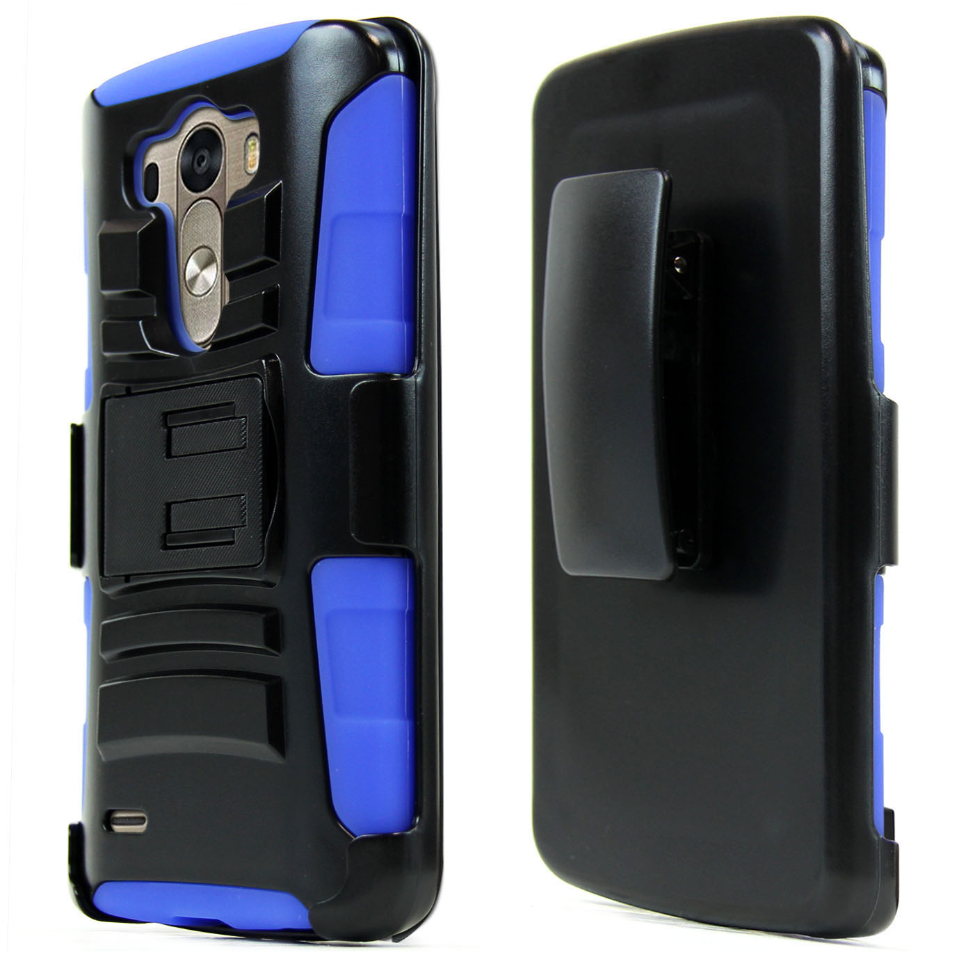 Black LG G3 Hard Case w/ Kickstand on Blue Silicone Skin Case w/ Holster - Great Protection! Black LG G3 Hard Case w/ Kickstand on Blue Silicone Skin Case w/ Holster - Great Protection!