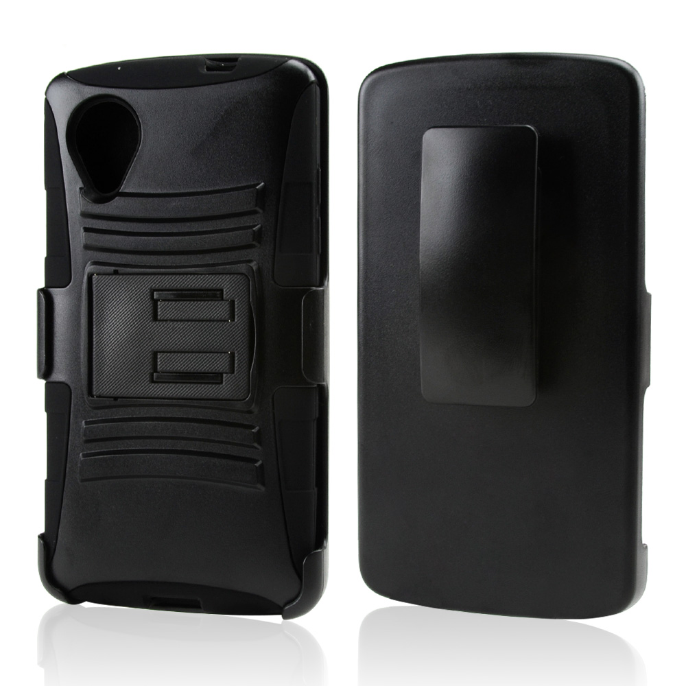 Black Hard Case w/ Kickstand on Silicone Skin Case w/ Holster for LG Google Nexus 5 Black Hard Case w/ Kickstand on Silicone Skin Case w/ Holster for LG Google Nexus 5
