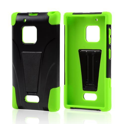 Black Hard Case w/ Kickstand on Lime Green Silicone Skin Case for Nokia Lumia 928