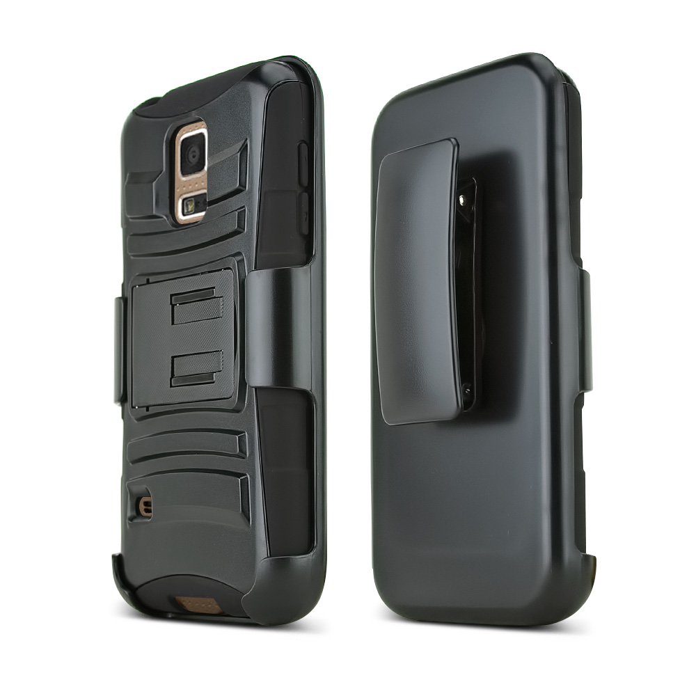 Black Samsung Galaxy S5 Mini Phone Hard Case w/ Kickstand on Black Silicone Skin Case w/ Holster Black Samsung Galaxy S5 Mini Phone Hard Case w/ Kickstand on Black Silicone Skin Case w/ Holster