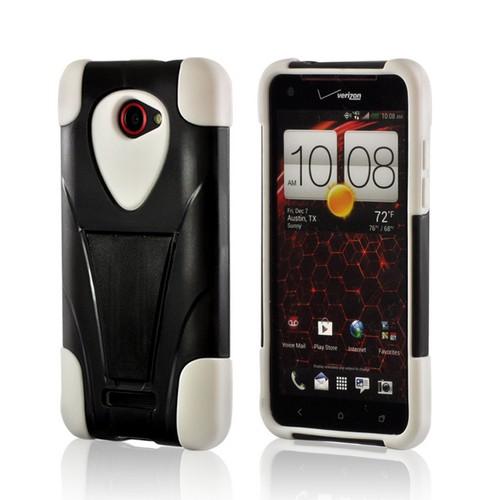 White Silicone On Black Hard Case w/ Stand for HTC Droid DNA
