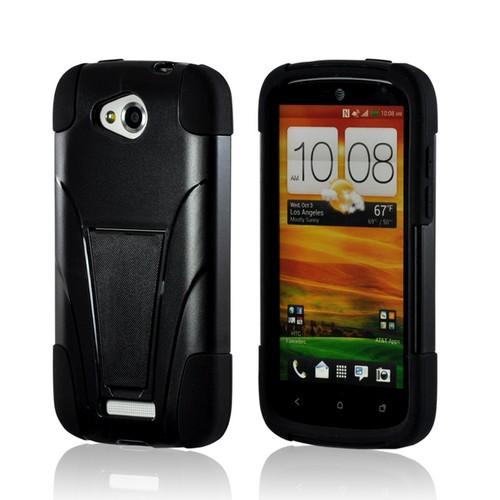 Black Hard Cover on Black Silicone Case w/ Kickstand for HTC One VX