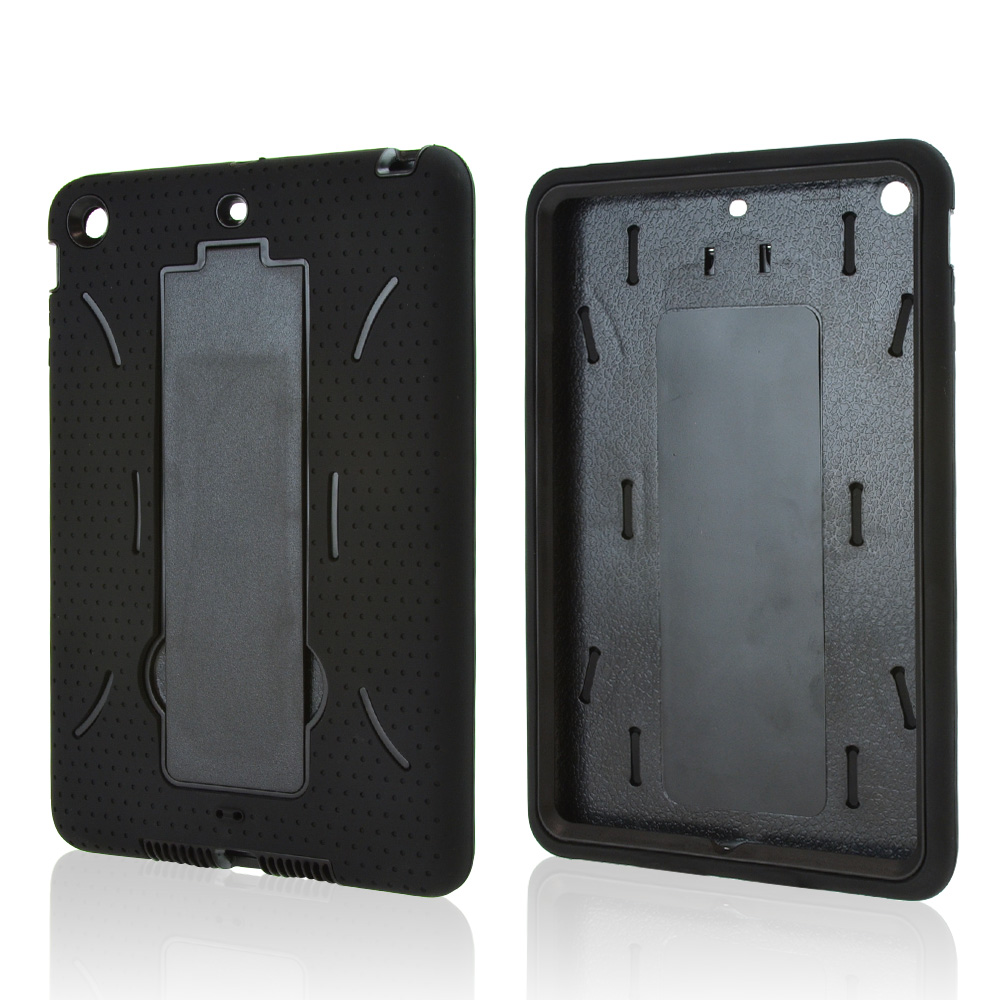 Black Silicone Skin Case on Black Hard Case w/ Kickstand for Apple iPad Mini 2/3