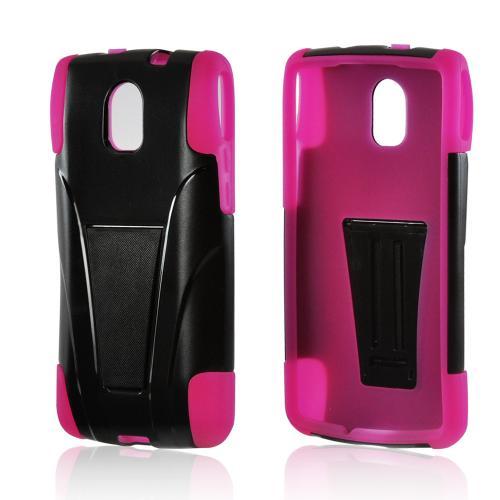 Black Hard Cover on Hot Pink Silicone Case w/ Kickstand for Pantech Discover