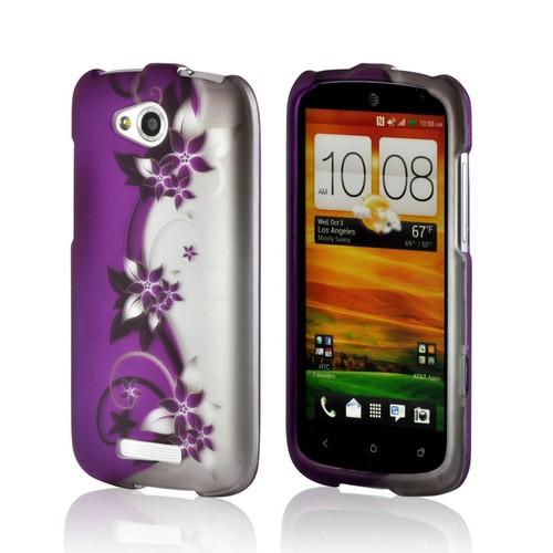 Purple Vines/ Flowers on Silver Rubberized Hard Case for HTC One VX