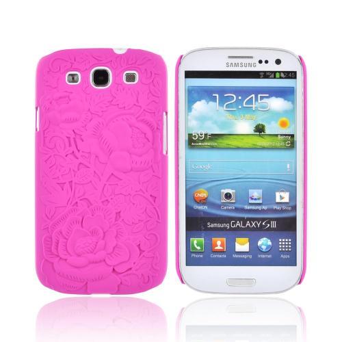 Samsung Galaxy S3 Rubberized Hard Case w/ 3D Texture - Hot Pink Roses & Vines