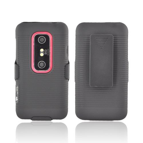 Premium HTC EVO 3D Rubberized Case & Holster Stand Combo - Black