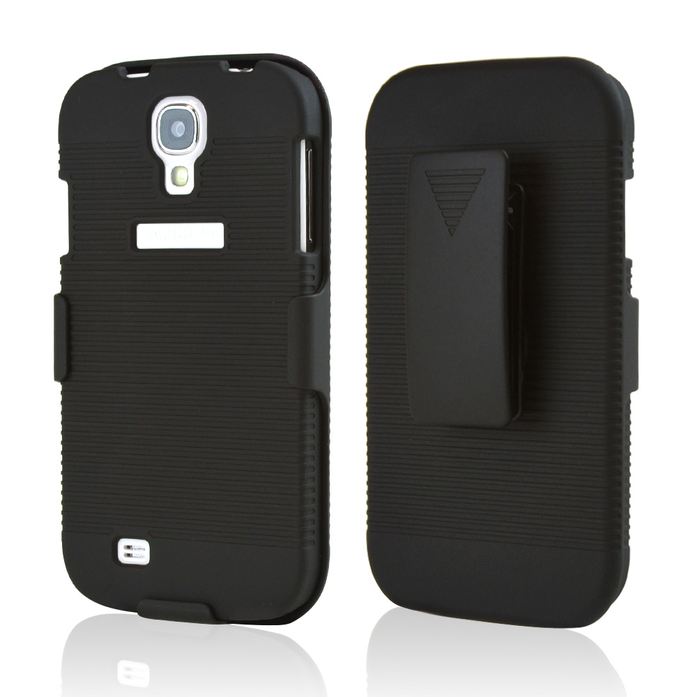 Black Rubberized Hard Case & Holster Combo w/ Kickstand & Swivel Belt Clip for Samsung Galaxy S4