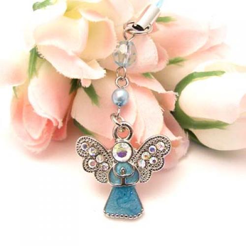 Angel Cell Phone Charm/Strap w/ Pen Ornament Ring - Baby Blue