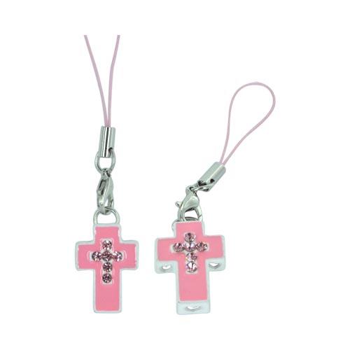Cross Cellphone Charm/ Strap w/ Heart Cutouts & Gems - Pink/ White