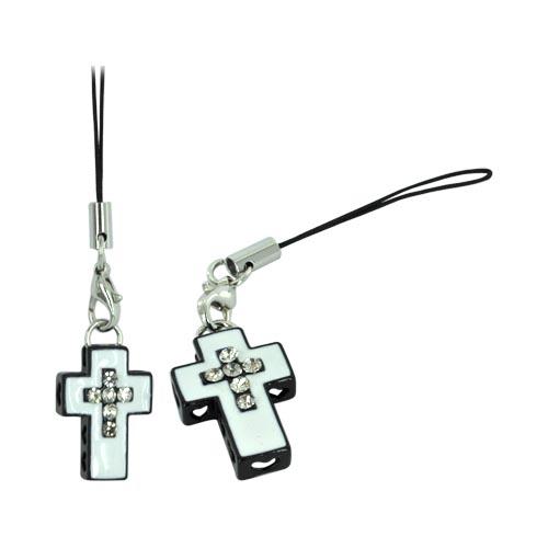Cross Cellphone Charm/ Strap w/ Heart Cutouts & Gems - White/ Black