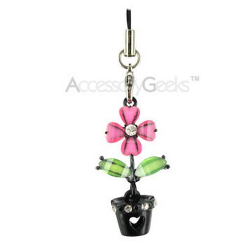 Flower with Cubic Stones in a Black Flower Pot Cell Phone Charm - pink