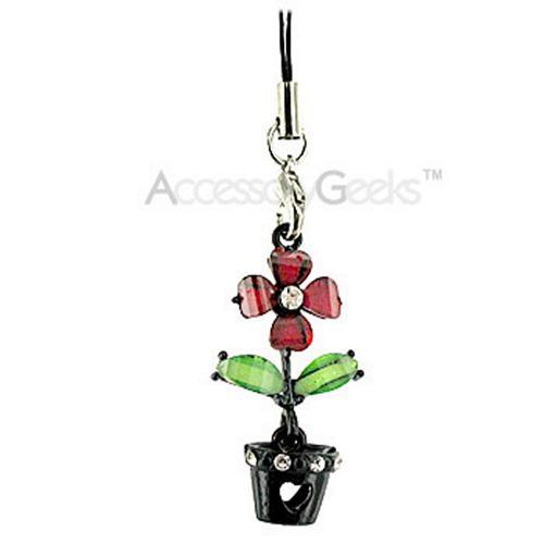 Flower with Cubic Stones in a Black Flower Pot Cell Phone Charm - red