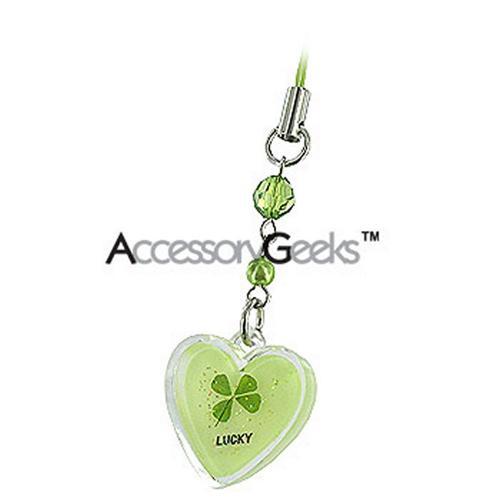 Luminous Heart with Clover Center Cell Phone Charm / Strap - green