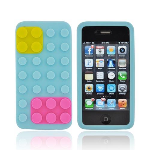 AT&T/ Verizon Apple iPhone 4, iPhone 4S Silicone Case - Sky Blue/ Hot Pink/ Yellow Blocks