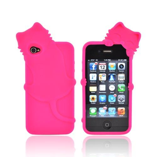 AT&T/ Verizon Apple iPhone 4, iPhone 4S Silicone Case w/ 3D Cat - Pink