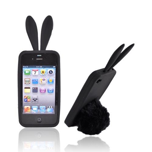 Black Bunny Silicone Case w/ Fur Tail Stand for Apple iPhone 4/4S