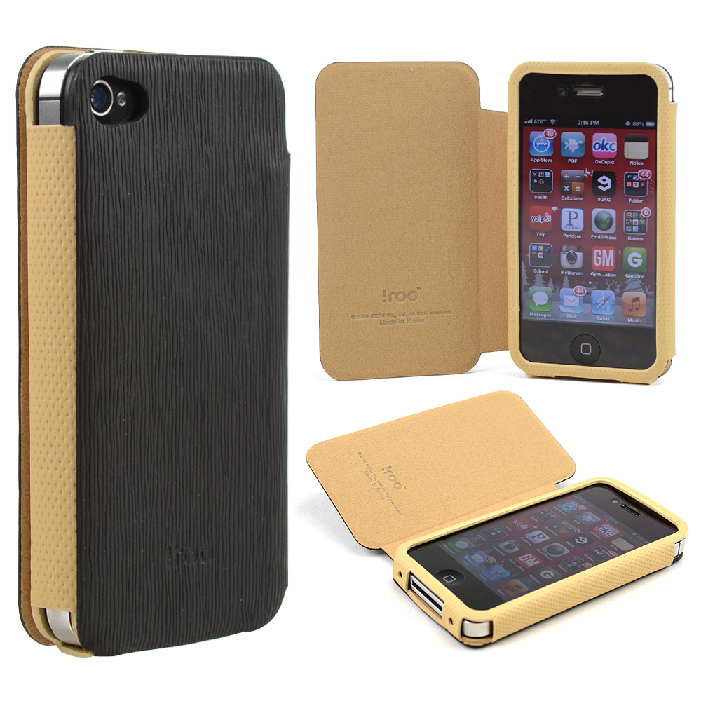 Black/ Tan Iroo Textured Faux Leather Slide-in Case W/ Diary Cover For Apple Iphone 4/4s