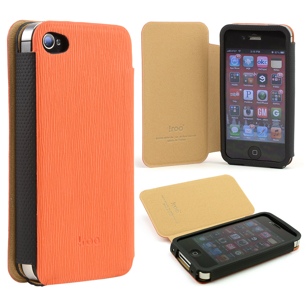 Orange/ Black iRoo Textured Faux Leather Slide-In Case w/ Diary Cover for Apple iPhone 4/4S