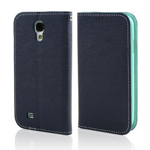 Navy/ Mint Faux Leather Diary Flip Stand Case w/ ID Slots & Bill Fold for Samsung Galaxy S4