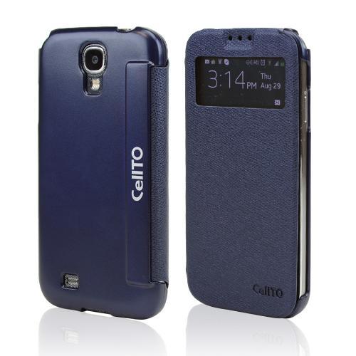 Navy Blue S-View Diary Flip Cover w/ Free Screen Protector for Samsung Galaxy S4