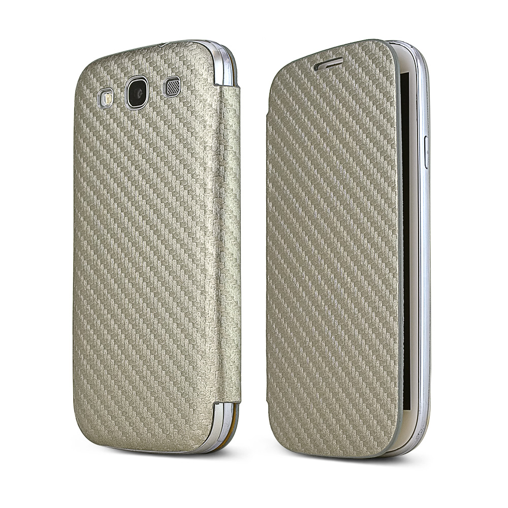 Silver Carbon Fiber Design Samsung Galaxy S3 Textured Diary Flip Battery Door Case