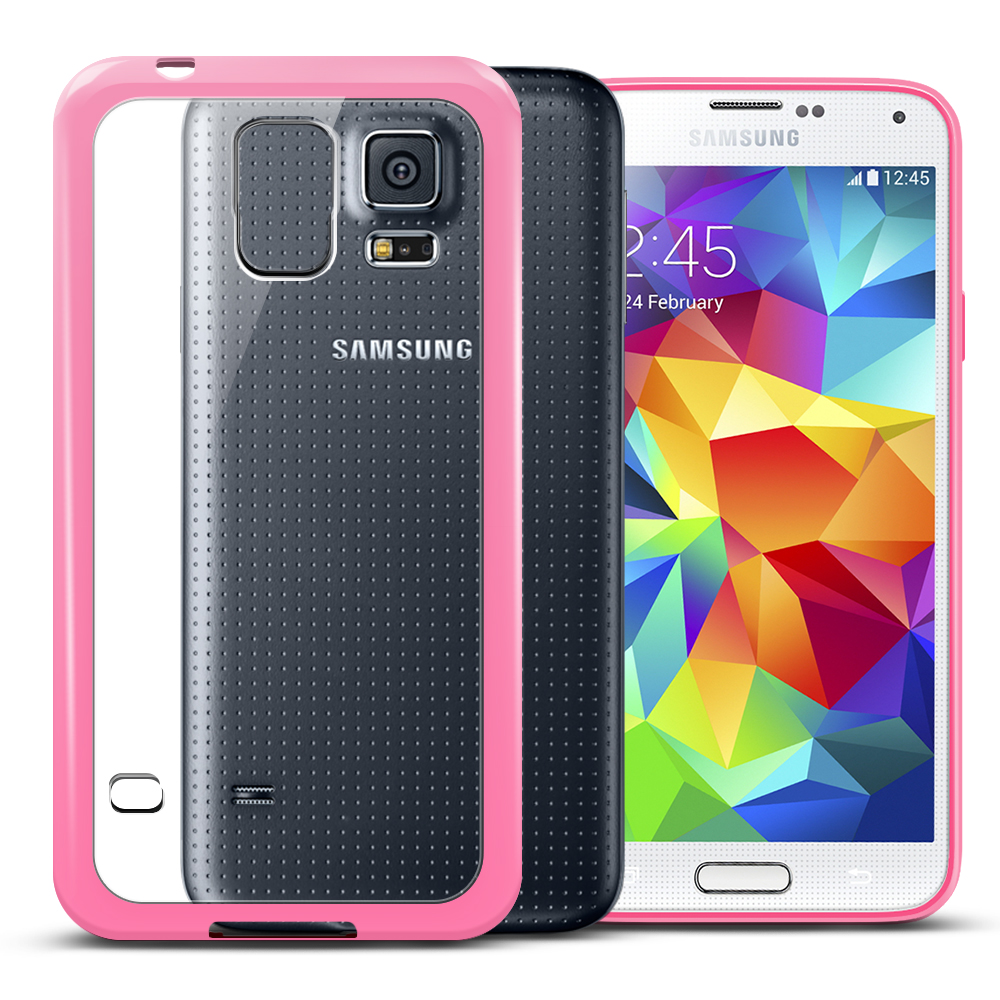 Clear Hard Back w/ Baby Pink Gummy Crystal Silicone TPU Lining for Samsung Galaxy S5