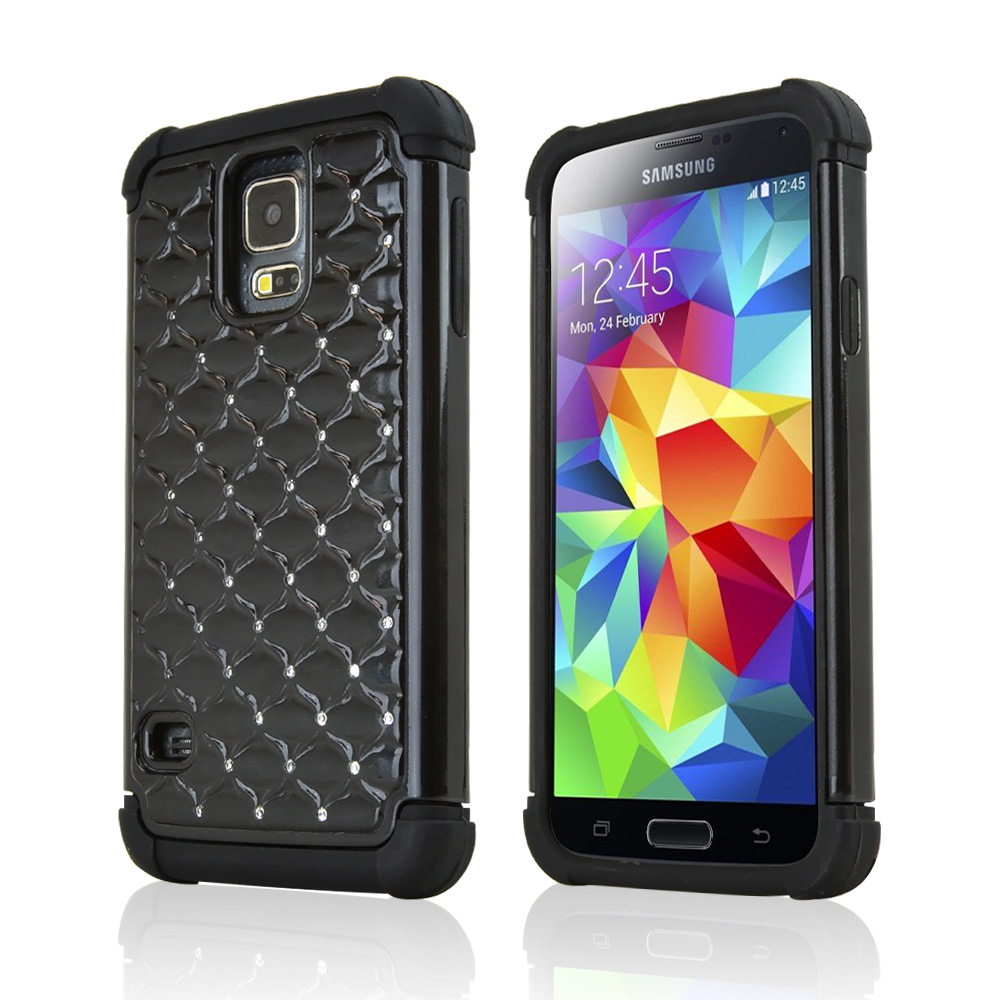 Black Hard Cover w/ Bling over Black Silicone Skin Case for Samsung Galaxy S5