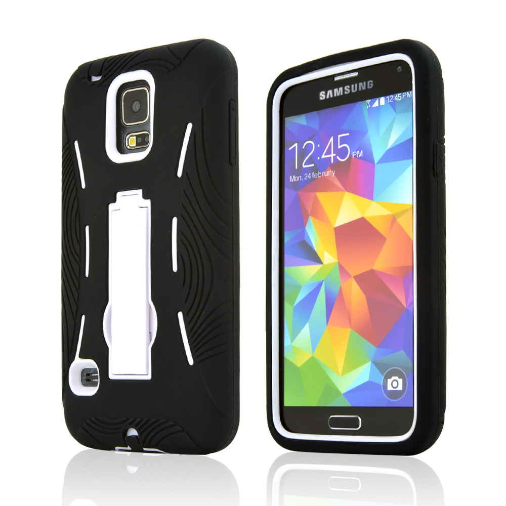 Black Silicone Skin Case on White Hard Cover Case w/ Kickstand for Samsung Galaxy S5