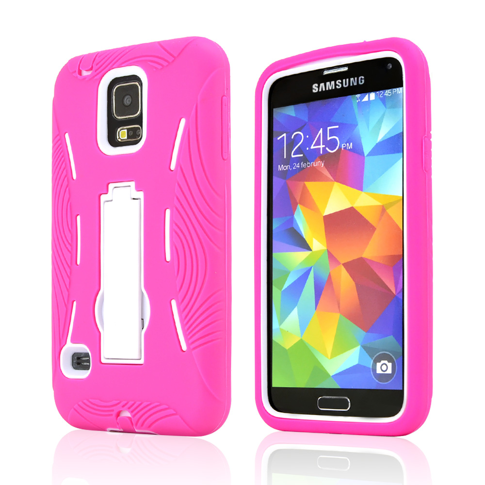 Hot Pink Silicone Skin Case on White Hard Cover Case w/ Kickstand for Samsung Galaxy S5