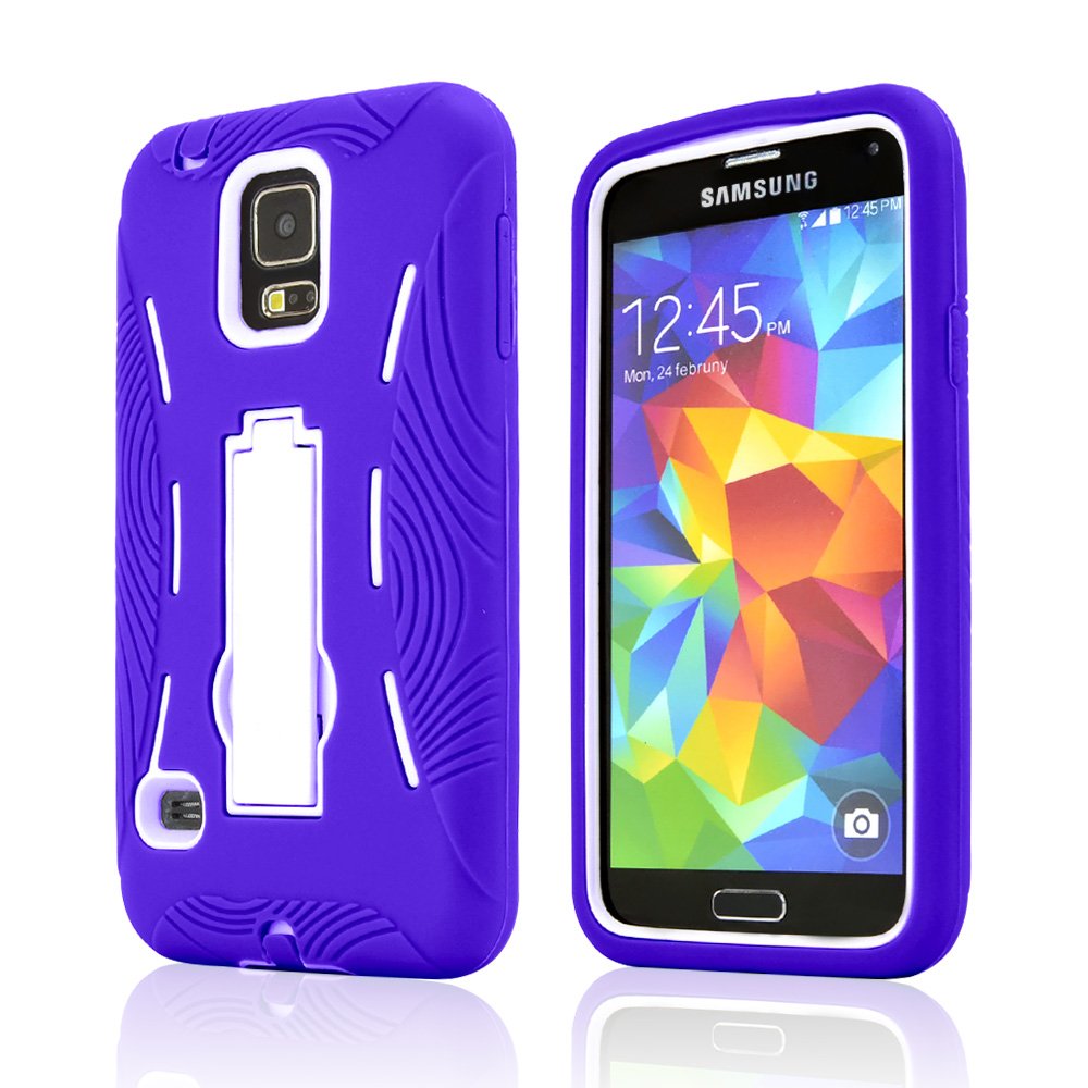 Purple Silicone Skin Case on White Hard Cover Case w/ Kickstand for Samsung Galaxy S5