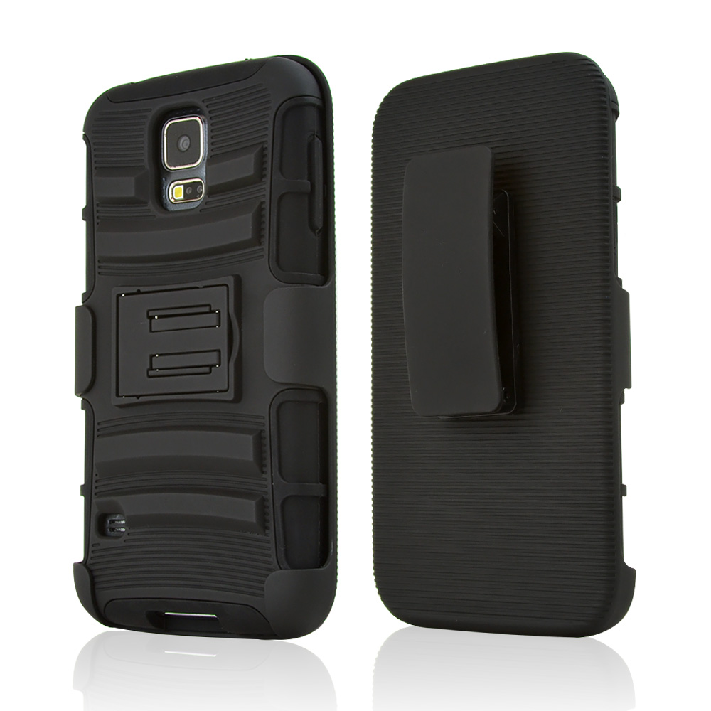 Black Hard Case w/ Kickstand on Black Silicone Skin Case w/ Holster for Samsung Galaxy S5