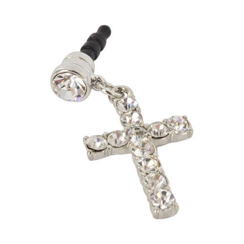 3.5mm Headphone Jack Stopple Charm - Silver Cross w/ Silver Gems