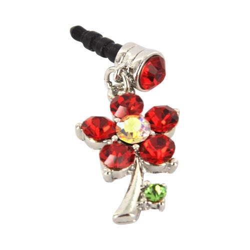 3.5mm Headphone Jack Stopple Charm - Silver Flower w/ Red Gems