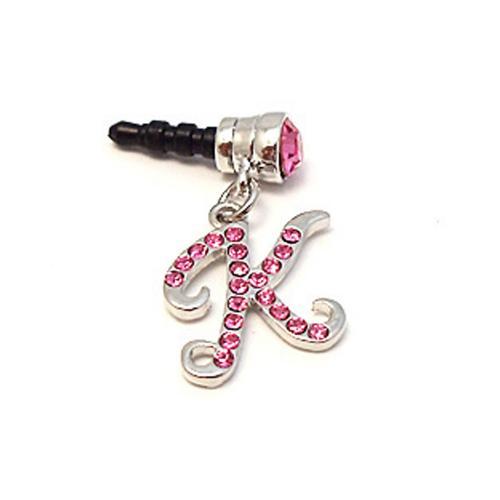 Silver Initial "K" w/ Pink Gems 3.5mm Headphone Jack Stopple Charm