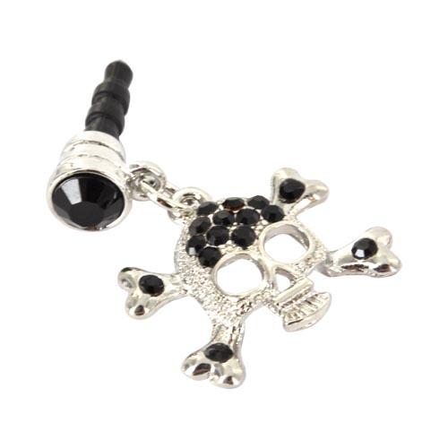 3.5mm Headphone Jack Stopple Charm - Silver Skull w/ Black Gems