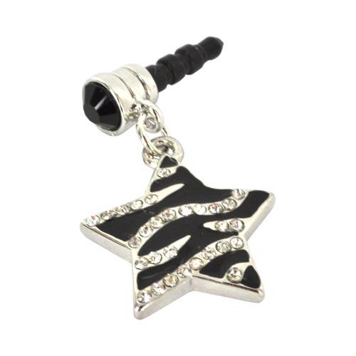 3.5mm Headphone Jack Stopple Charm - Black Star w/ Silver Gems