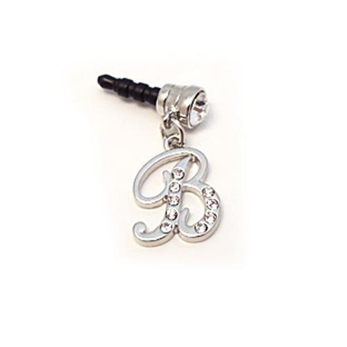 Silver Initial "B" w/ Silver Gems 3.5mm Headphone Jack Stopple Charm