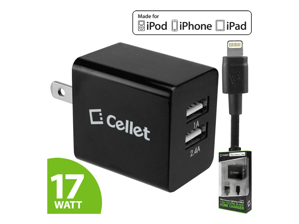 Black 17 Watts (3.4 Amp) Folding Blades 2-Port Lightning Compatible Wall Charger Black 17 Watts (3.4 Amp) Folding Blades 2-Port Lightning Compatible Wall Charger