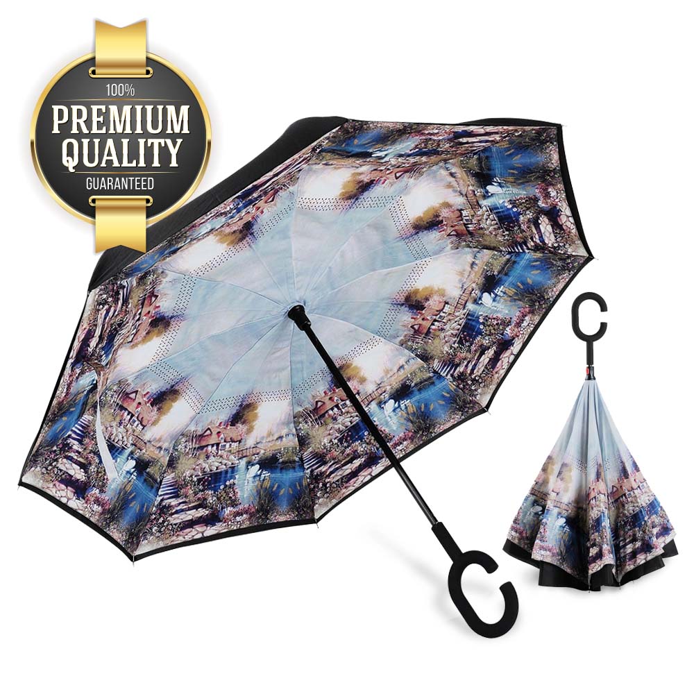 Eutuxia Double Layer Inverted Umbrella with Convenient C-Shaped Handle.